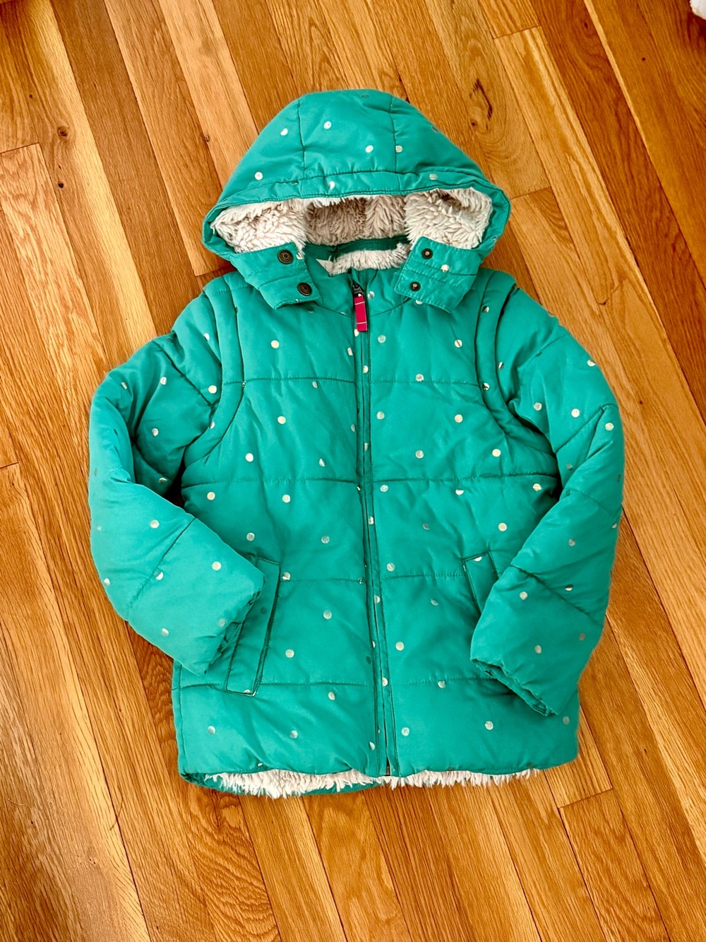 Mini Boden 7-8Y Two-In-One Hooded Sherpa-Lined Jacket
